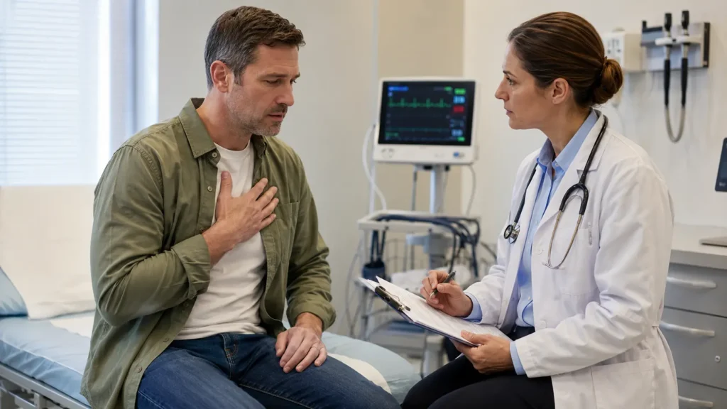 Göğüs ağrısı yaşayan hastayı panik atak ve kalp krizi açısından değerlendiren doktor