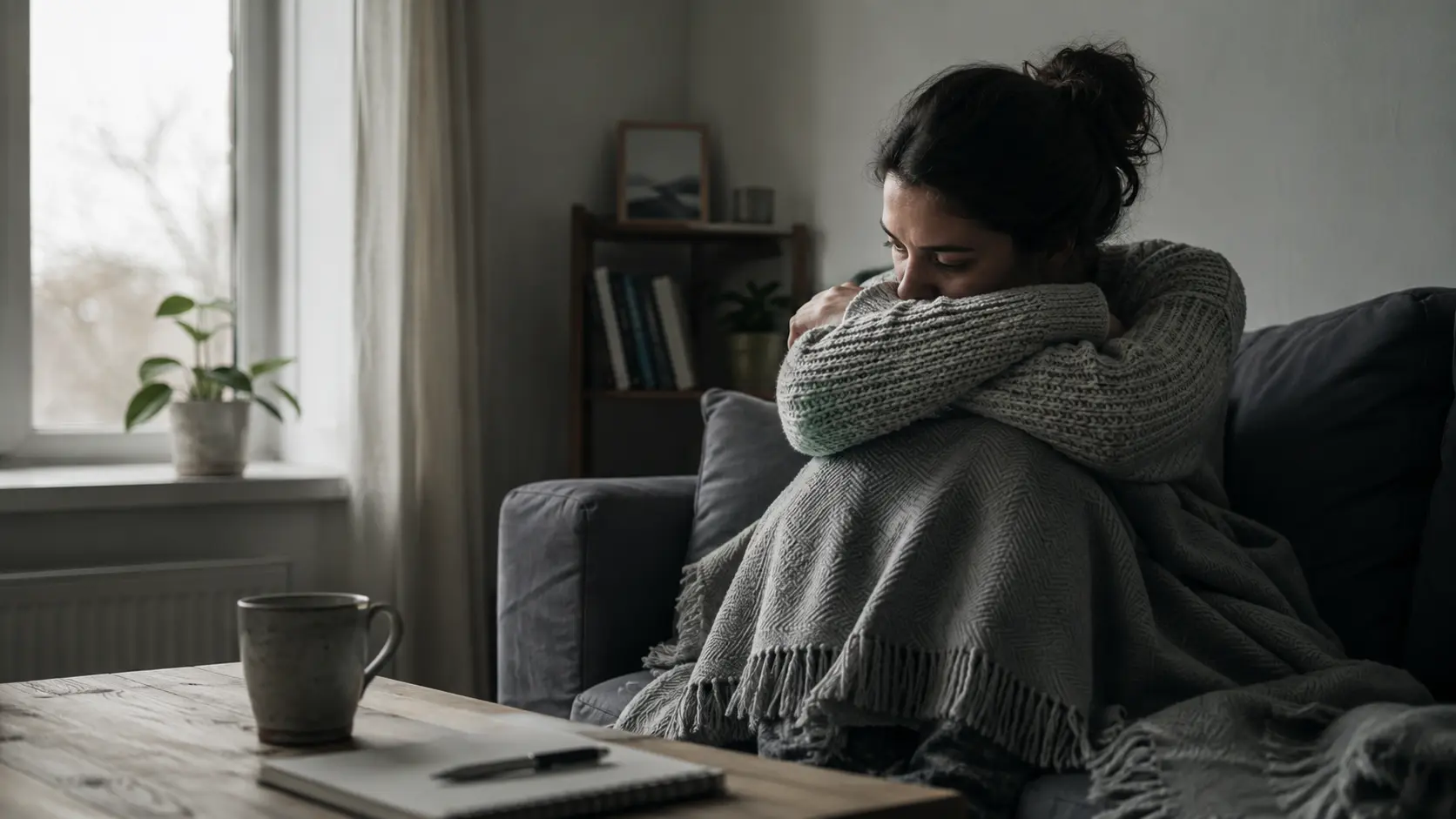 Depresyon nedir sorusunu ve depresyon belirtilerini yansıtan, evinde yalnız ve yorgun görünen bir kadın.