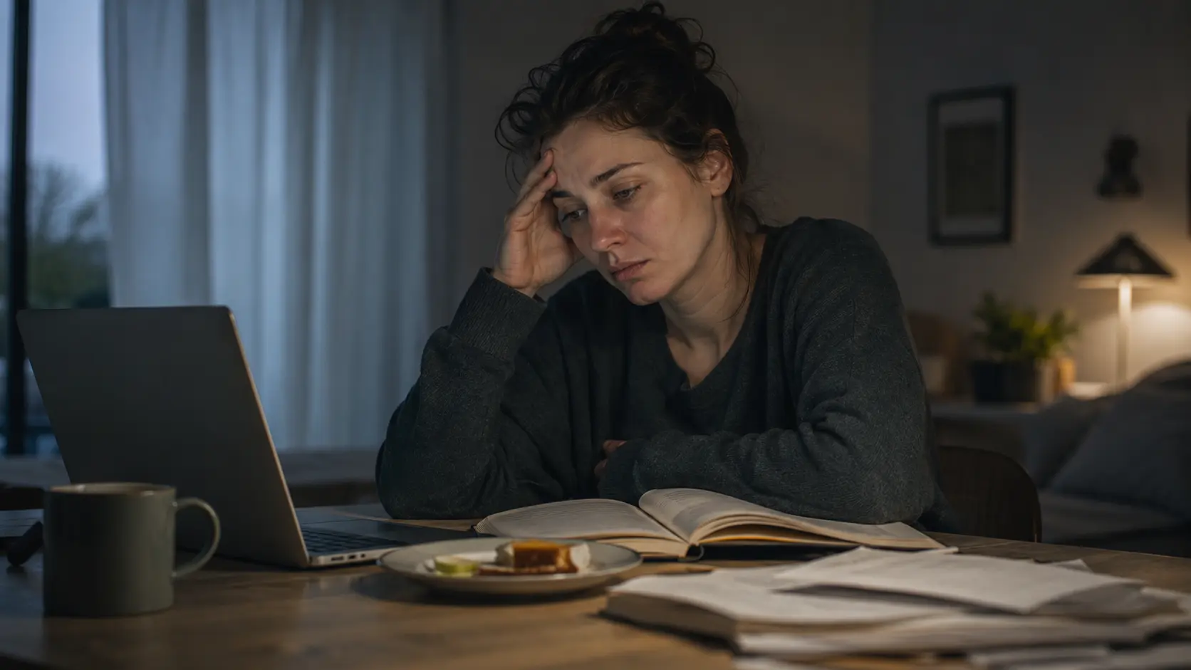 Depresyon nedeniyle uyku, iştah ve odaklanma sorunları yaşayan, masa başında yorgun görünen bir kadın.