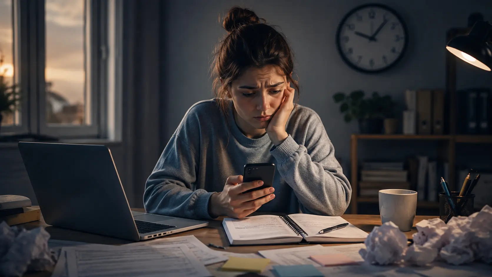 Erteleme hastalığı nedeniyle çalışmaya başlamakta zorlanan ve telefonuyla oyalanırken stres yaşayan kişi