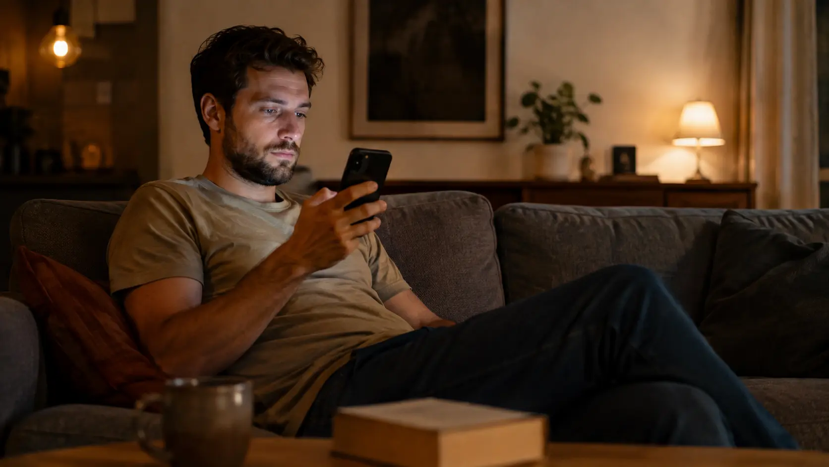 Telefon bağımlılığı nedeniyle evde akıllı telefonuna odaklanan yetişkin bir erkek