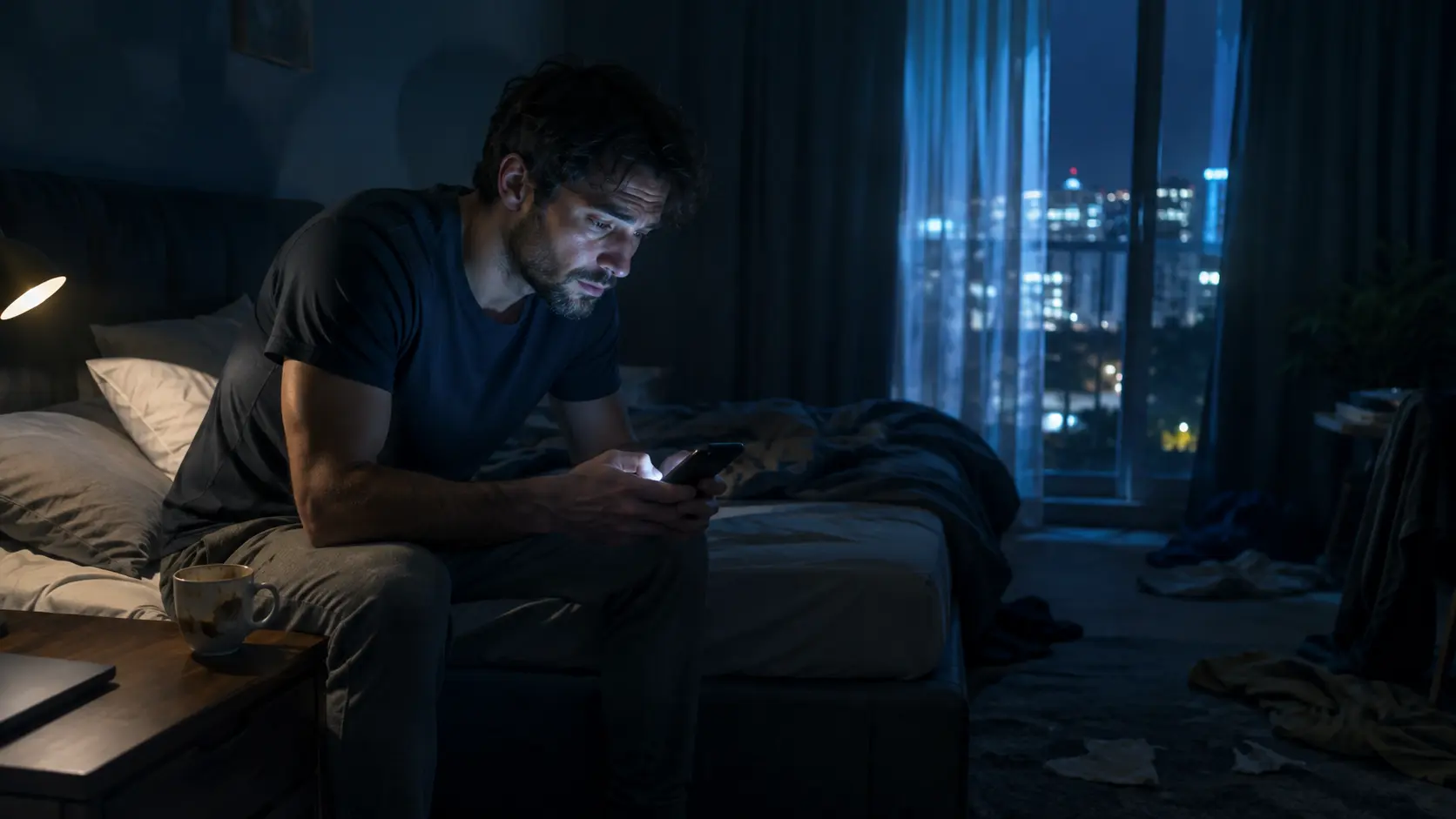 Gece telefon kullanımı ve kafein nedeniyle uyku düzeni bozulan kişi