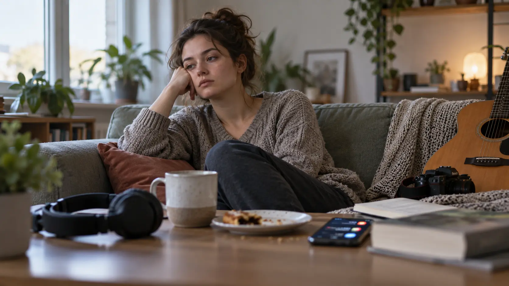 Anhedoni nedeniyle daha önce keyif aldığı müzik, kitap ve hobilerden uzaklaşmış hisseden bir kişi