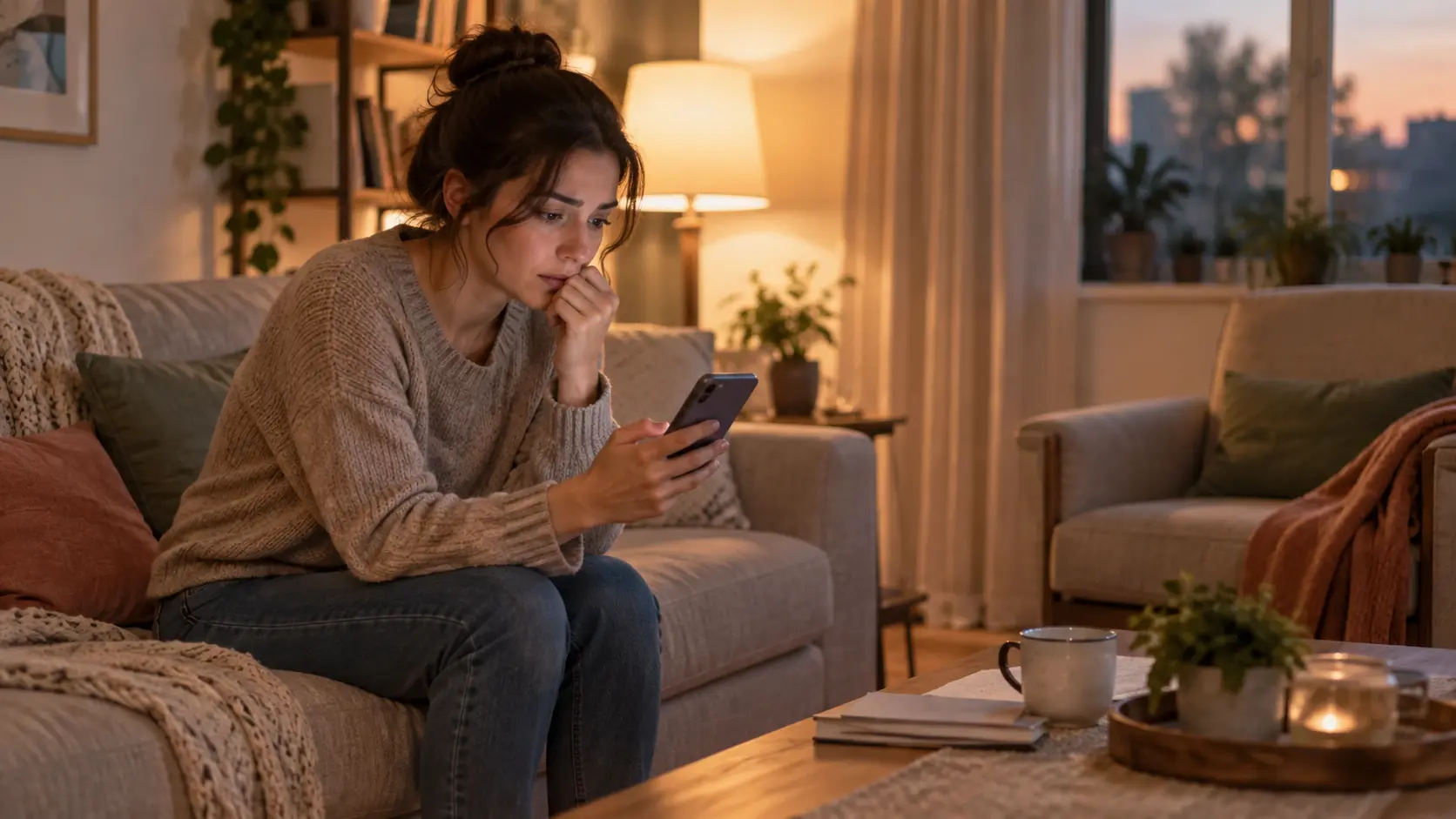 Sevgilisinden ayrı kaldığında telefonunu kaygıyla kontrol eden genç kadın