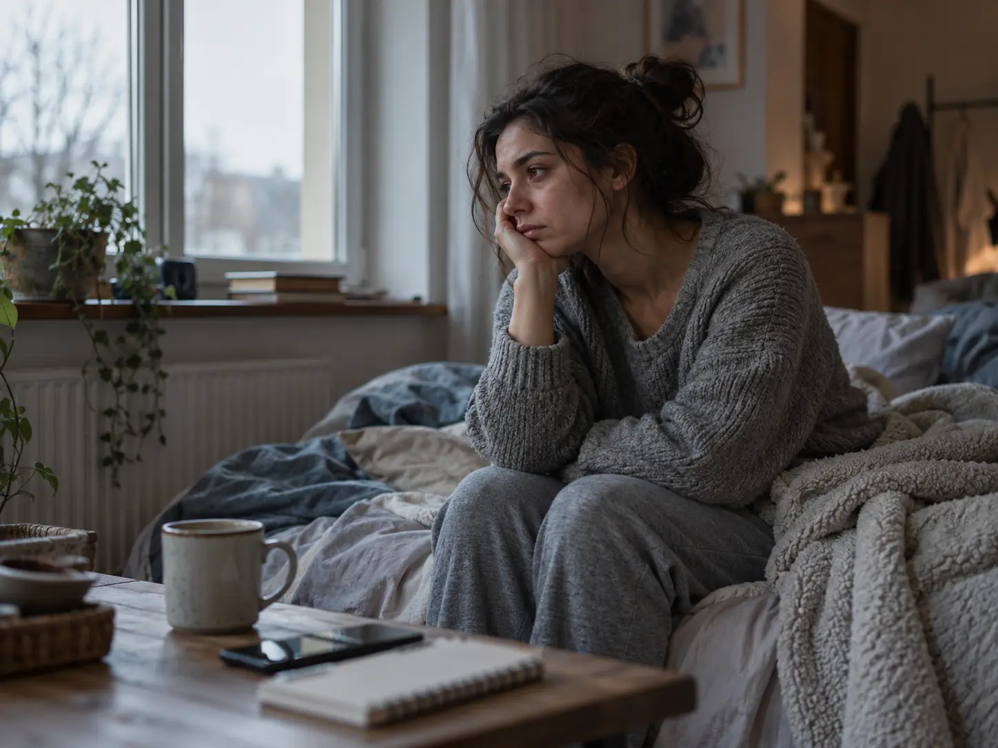 Bipolar bozukluğun depresif dönem belirtilerini yansıtan, yatakta üzgün ve isteksiz görünen kadının yer aldığı gerçekçi görsel