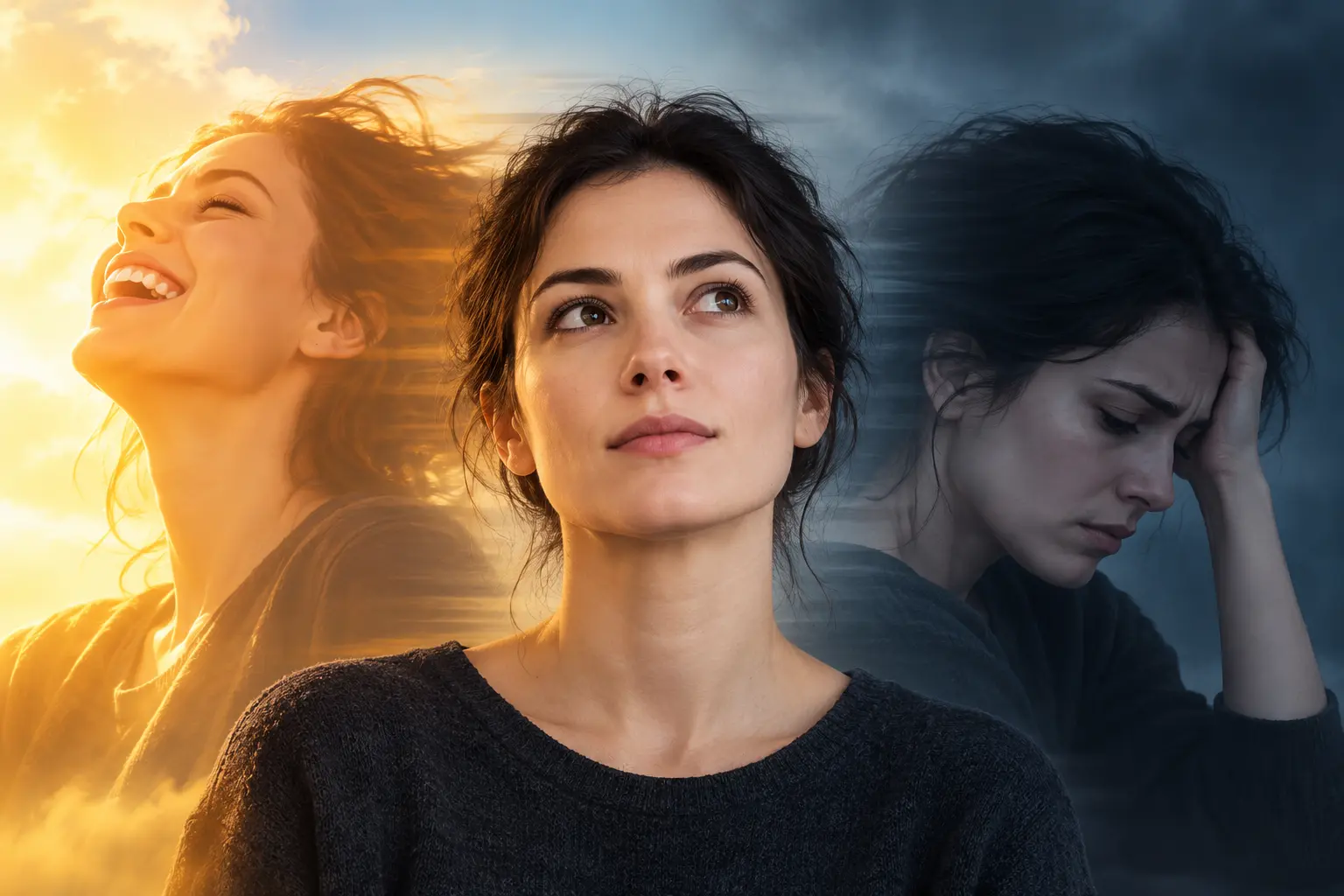 Bipolar nedir ve bipolar bozukluk belirtilerini temsil eden farklı duygu durumlarını gösteren kadın görseli