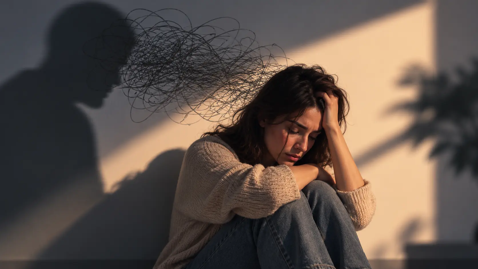 Gaslighting nedeniyle kaygı, özgüven kaybı ve duygusal yorgunluk yaşayan, düşüncelere dalmış üzgün kadın