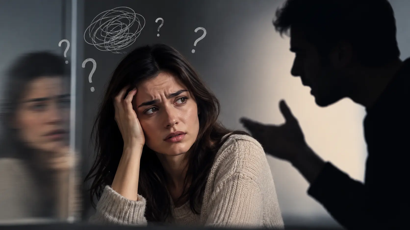 Gaslighting belirtileri nedeniyle kafa karışıklığı yaşayan kadın ve psikolojik manipülasyon uygulayan partneri