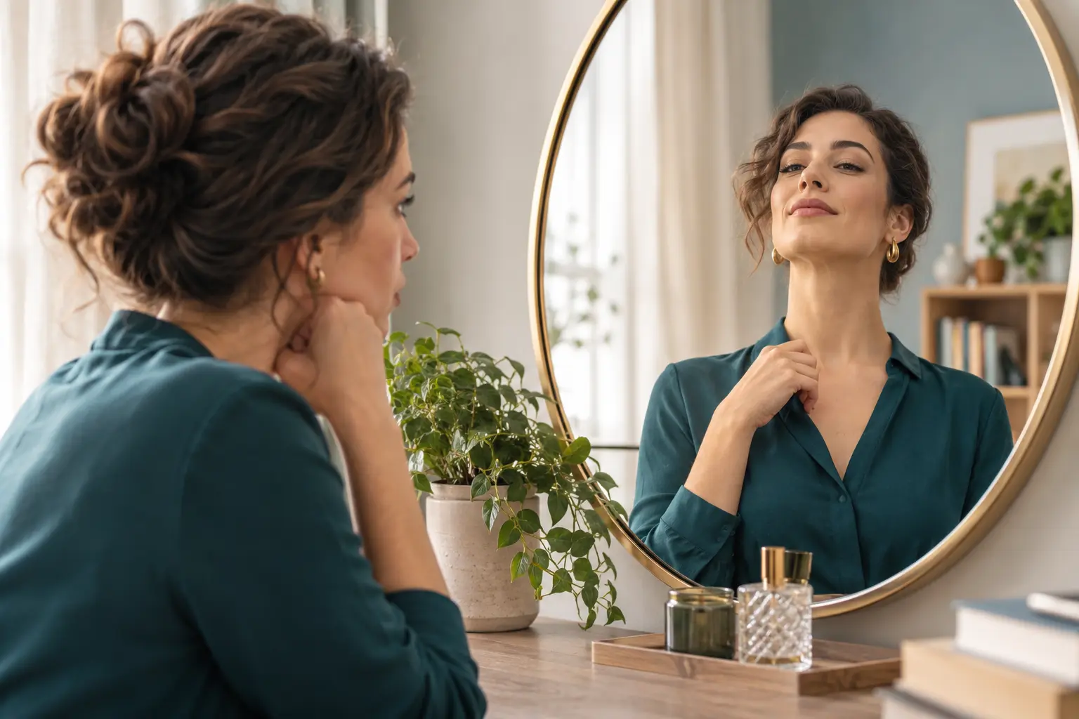 Narsist nedir? Aynada kendine özgüvenle bakan bir kadının yansıması üzerinden narsist kişilik özellikleri ve benlik algısının görsel anlatımı