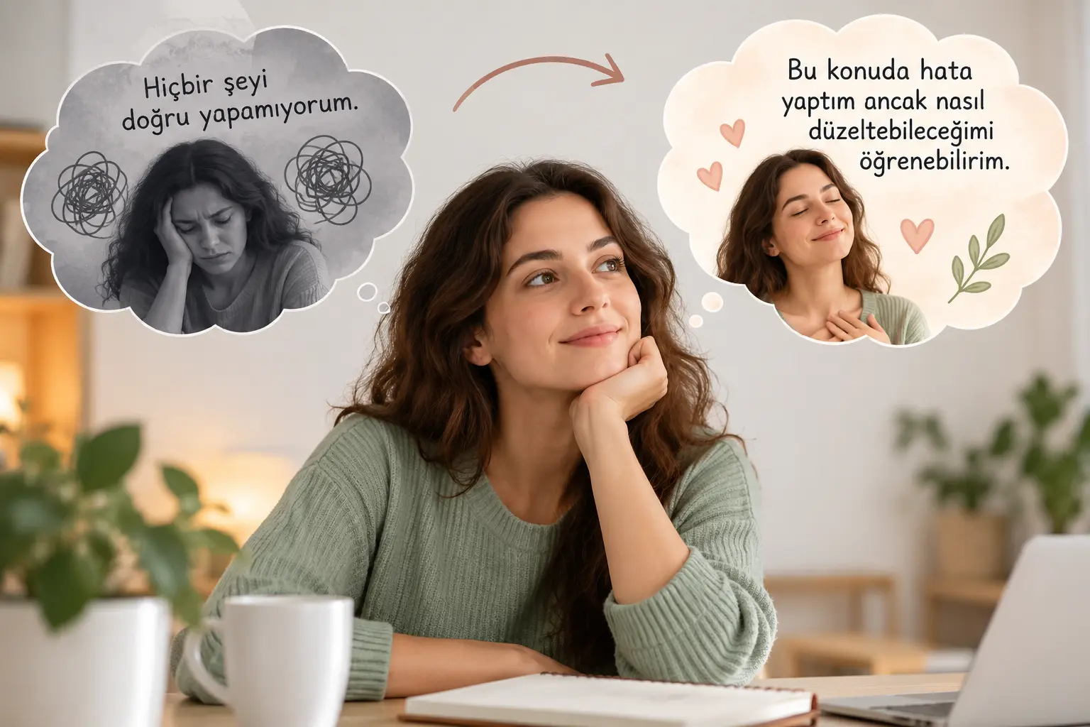 Öz şefkat geliştirmek için olumsuz iç sesini fark eden ve kendine daha anlayışlı yaklaşmayı öğrenen kadın